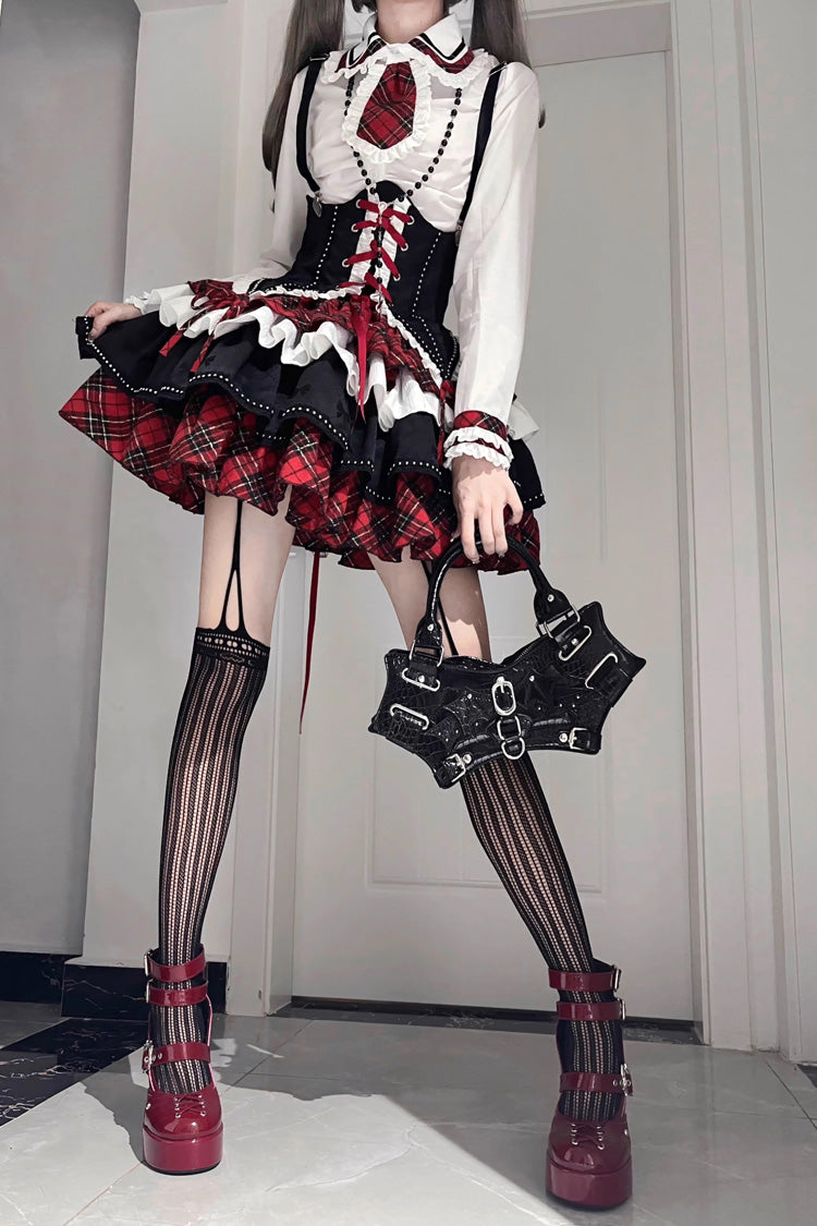 Red/White/Black Multi-Layer Ruffle Opera Rock Girl Gothic Lolita Strap Dress Set