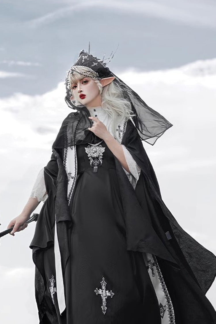Onyx Stand Collar Off-Shoulder Printed Bow Gown - Cross Nun