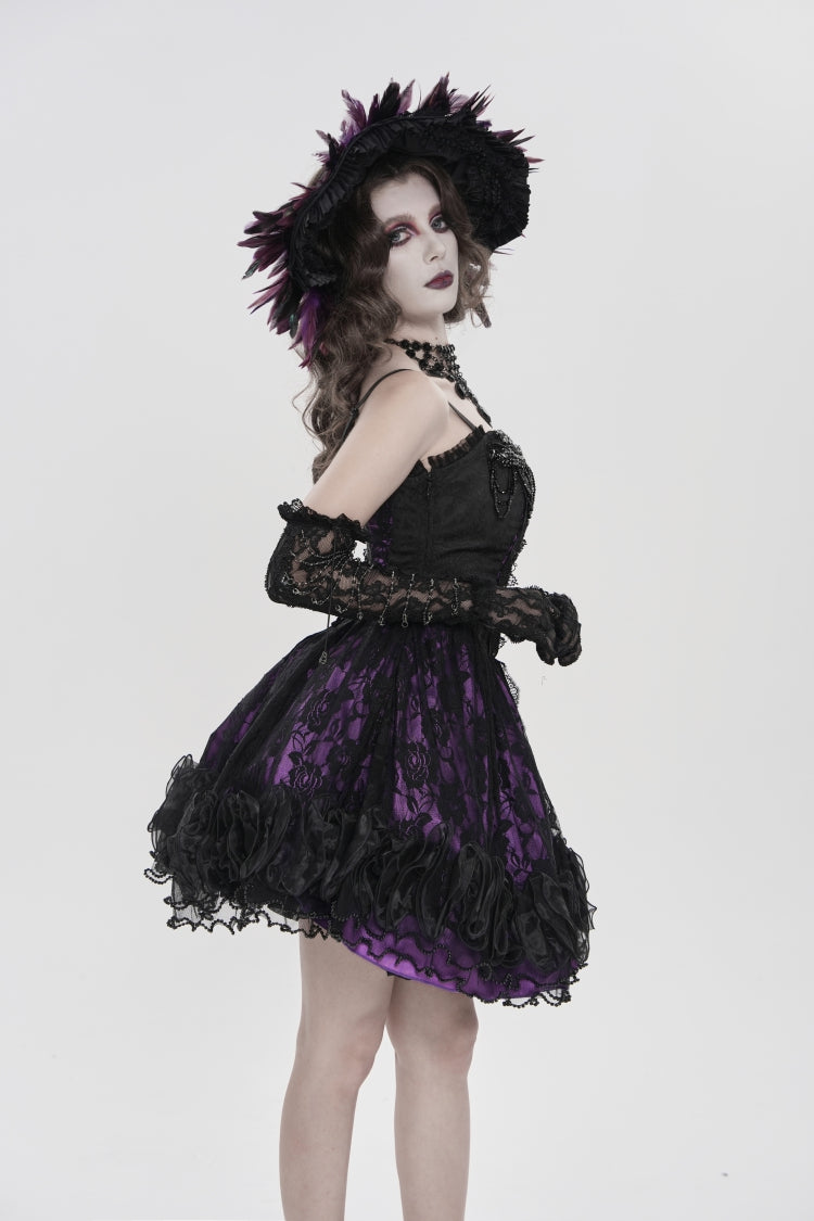 Off Shoulder Double-Layered Printed Cut-Out Lace Lace-Up Gothic Jsk Dress