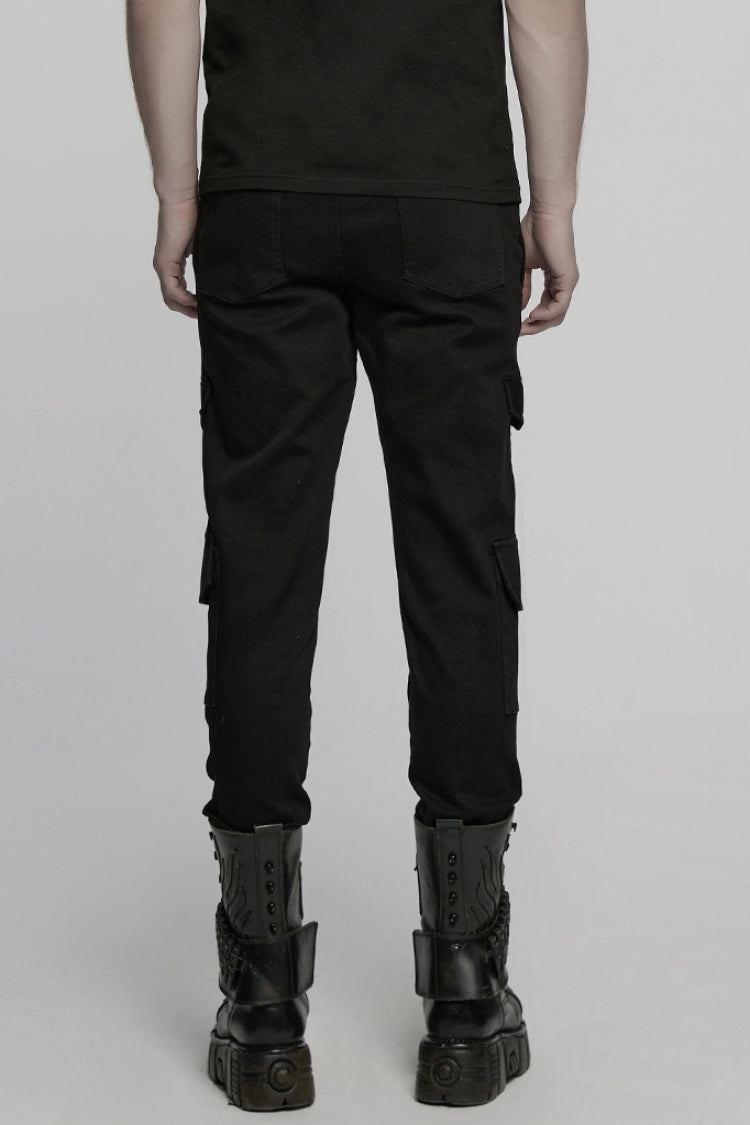 Men's Punk Denim Trousers with Multiple Pockets, Black