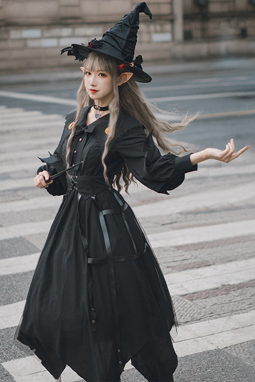Ebony Gothic OP Dress - Lapel Collar Cat Eye Hem