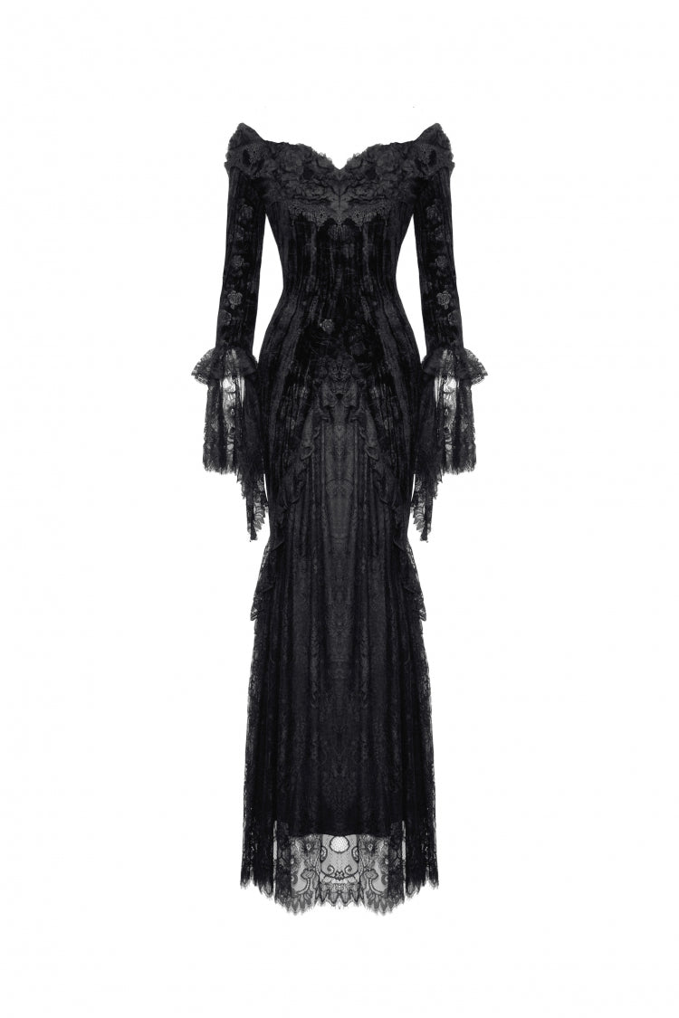 Off Shoulder Lace Long Trumpet Sleeves Lace-Up Gothic Bodycon Dress