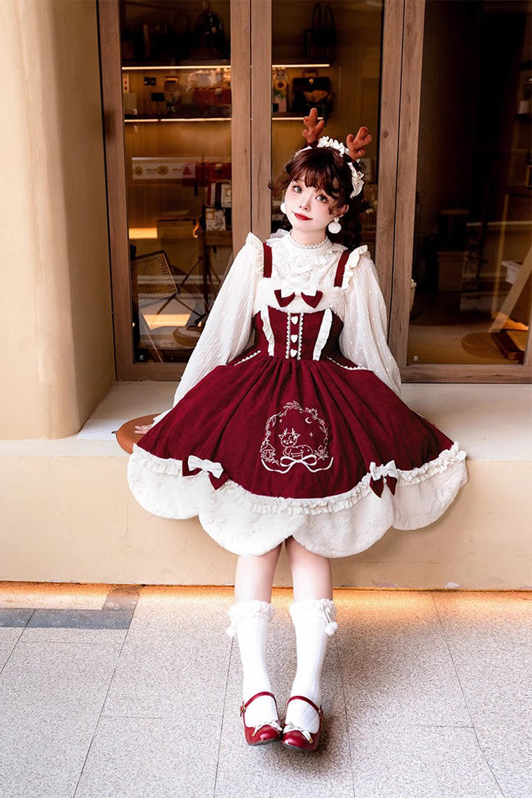Autumn Winter Lolita JSK with Deer Print & Bowknot Embroidery