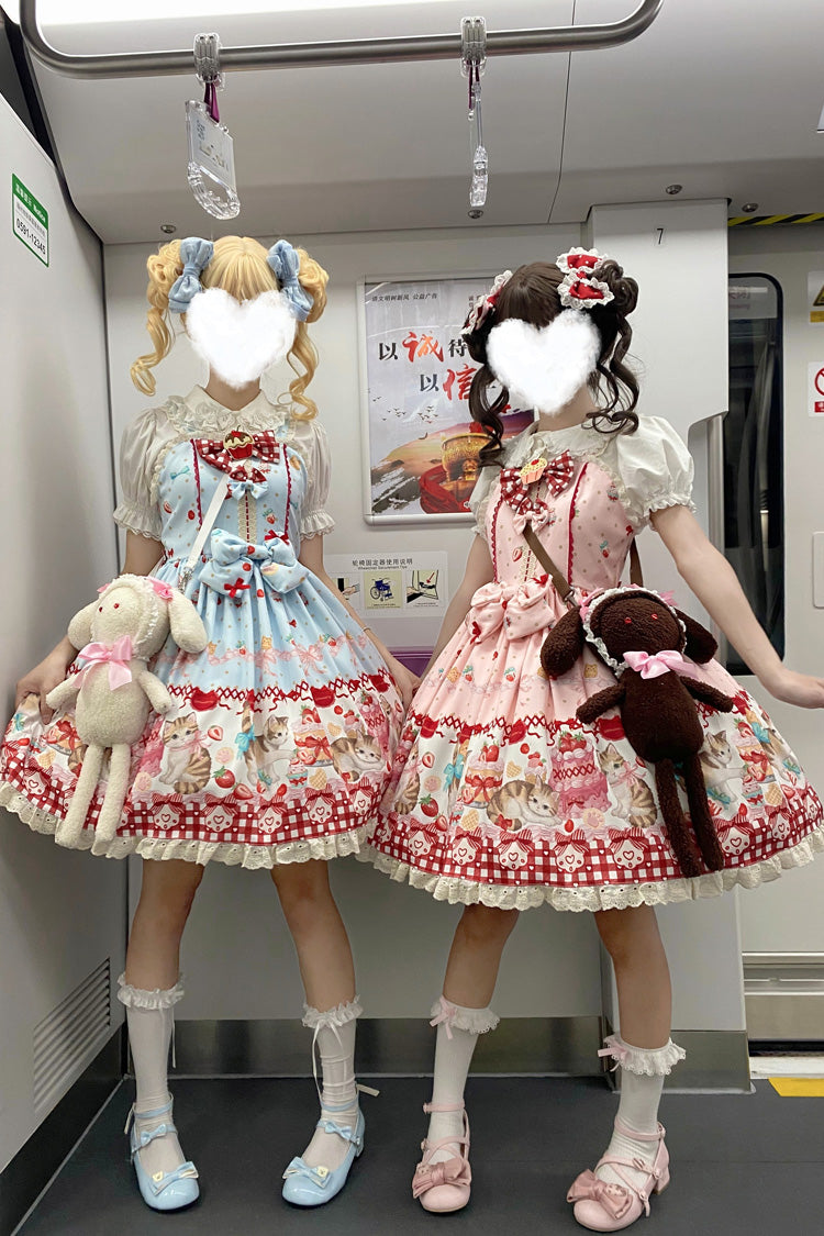 Sleeveless Bow Lace Sweet Lolita Strap Dress with Print - Strawberry Cake Kitty