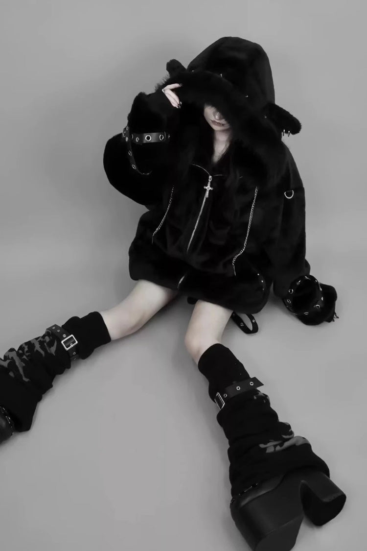 Black Hooded Coat with Lamb Ears and Rivet Details