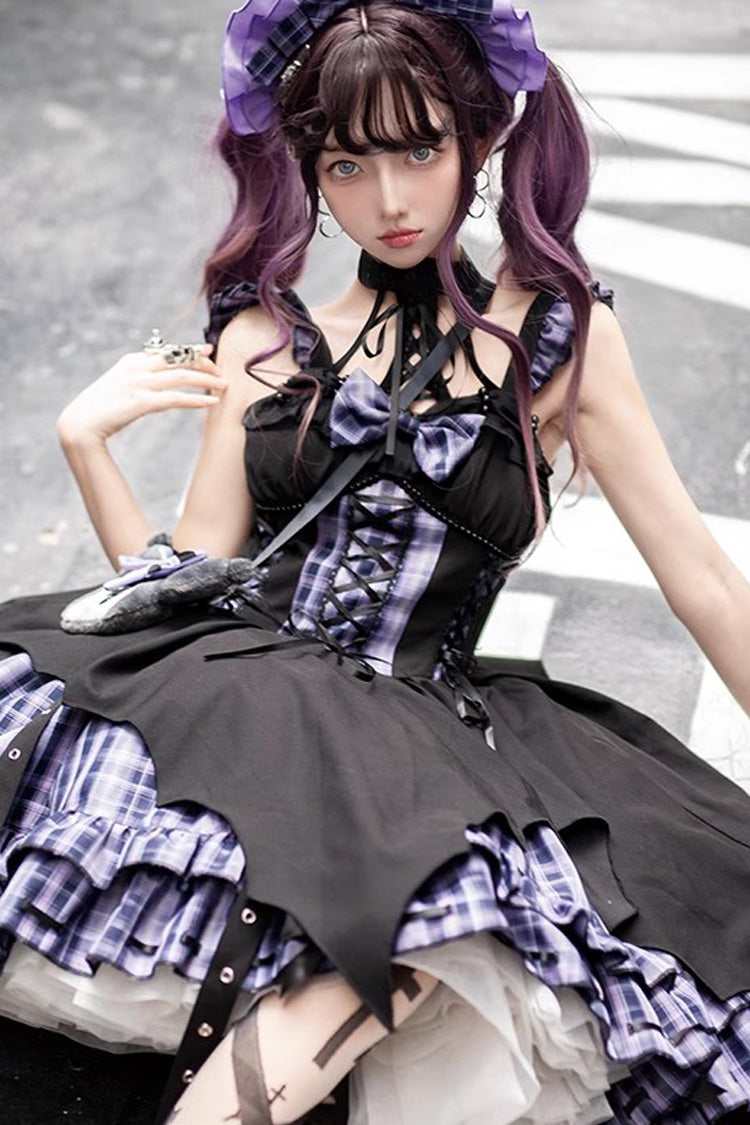 Subculture Grid-Print Dress with Radio Wave Pattern and Bow Stitching in 3 Colors