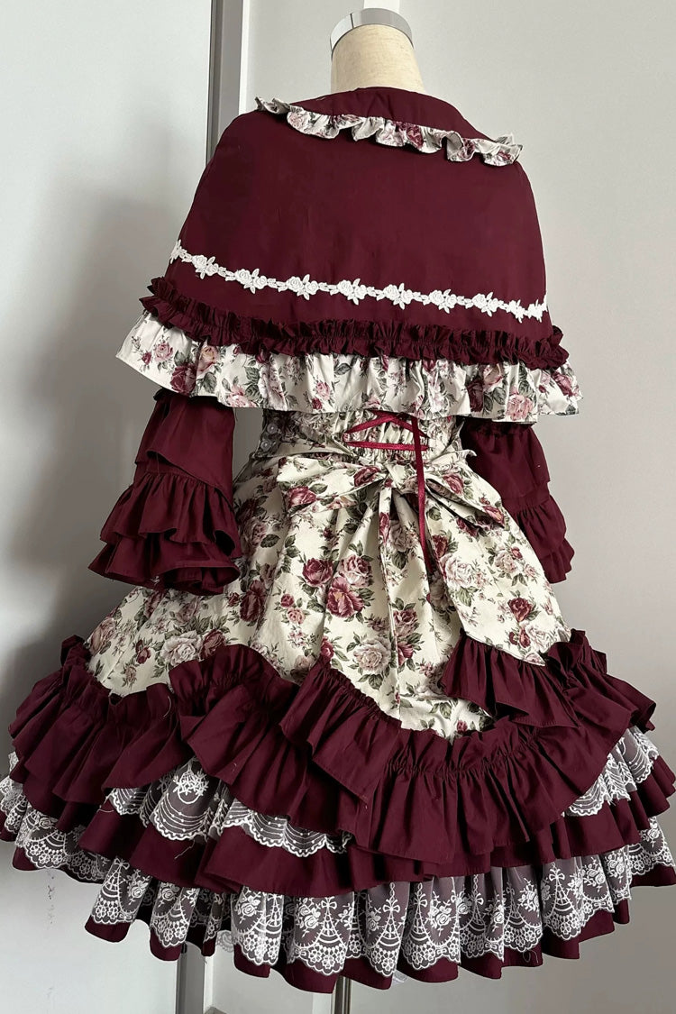 Burgundy Off-Shoulder JSK Dress with Ruffled Lace