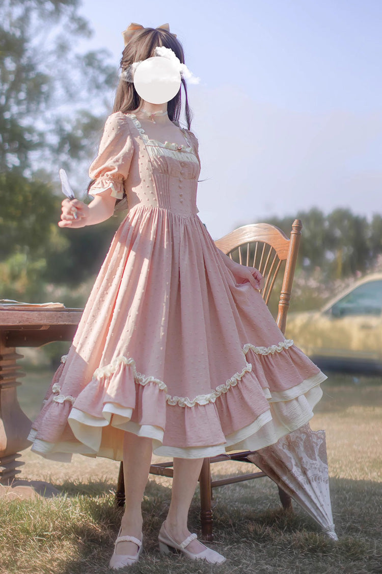 Pink Square-Neck Puff-Sleeve Ruffle-Embroidered Chic Sweet Jumper Dress
