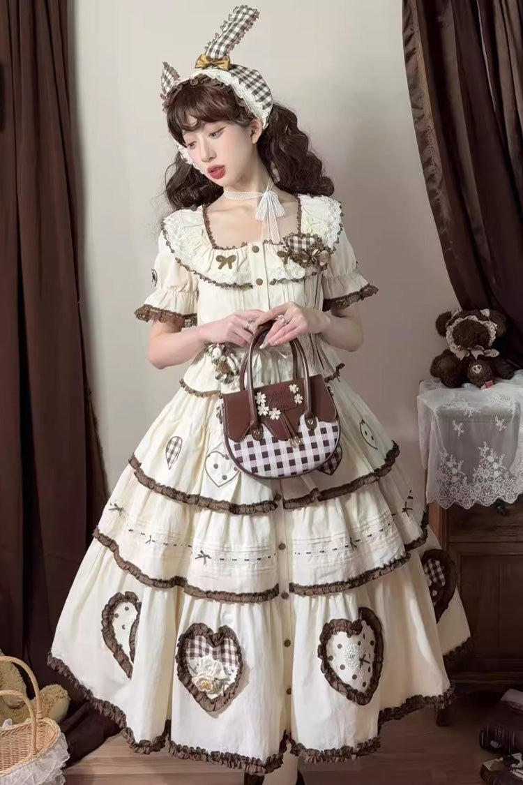 Cream Lovely Heart Triple-Layer Embroidery Bow Frilled Elegant Sweet Lolita Skirt