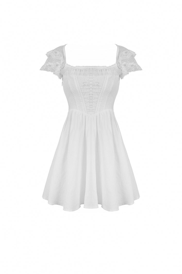 White Layered Lace Square Collar Strappy Gothic Mini Dress