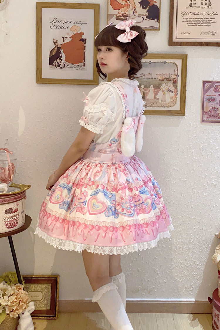 Milky Berry Bear Printed Pink Bow Stitching Lace Sweet Lolita Strap Dress - Miss Brown