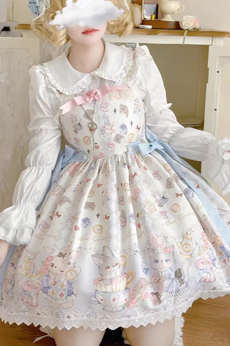 Ivory Sleeveless Print Ruffled Bow Princess Lolita Strap Set