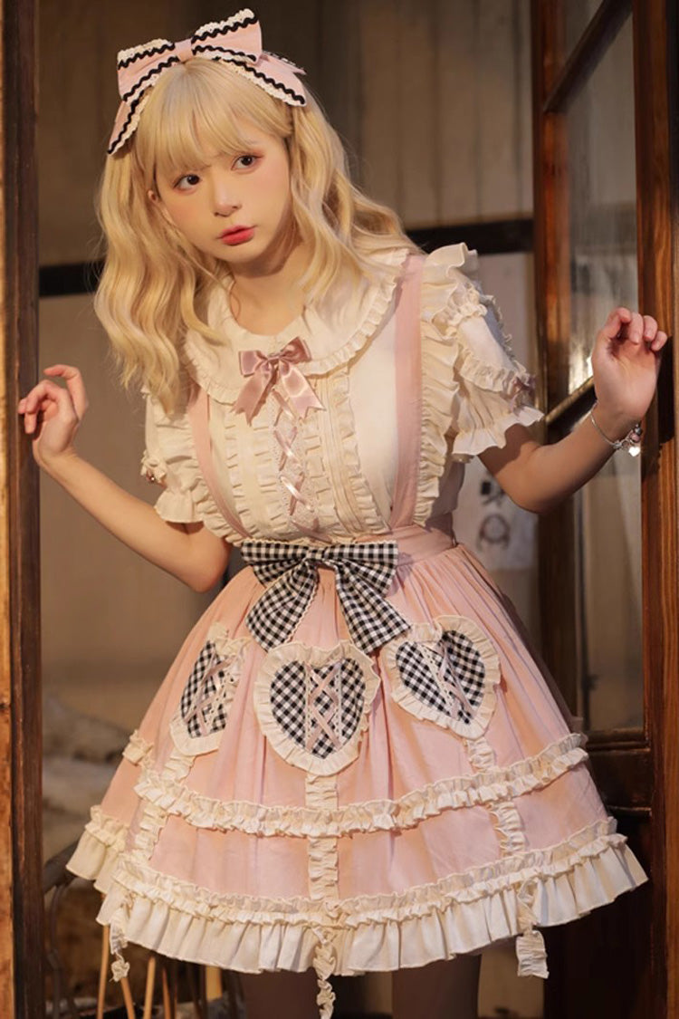 Pink Heart-Print Ruffled Strap Dress with Bowknot
