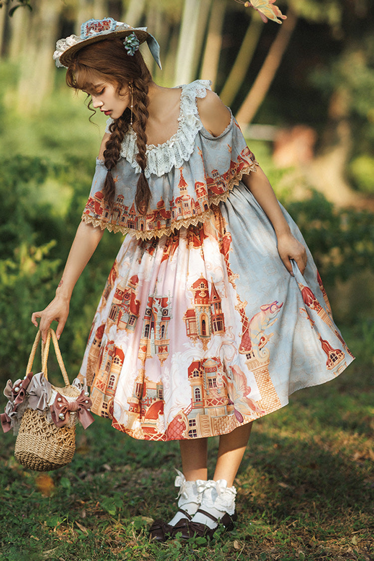 Multi-Color Oil Painting Printed Sweet Lolita Dress - Off Shoulder Short Sleeved