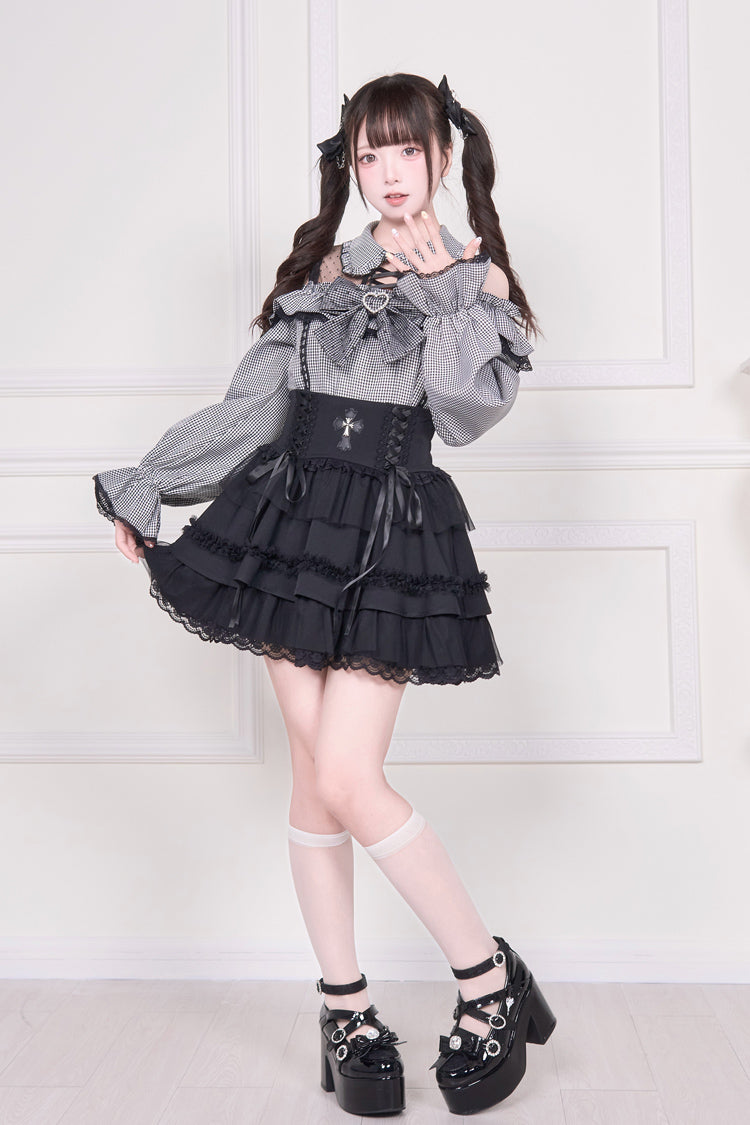 Off Shoulder Bowknot Lace-Up Print Long Sleeve Jirai Blouse in Three Colors