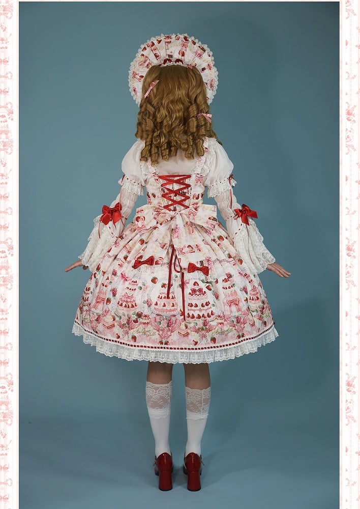 and Sweet Full Bow Desserts Lolita Set Print White / JSK Accents Strawberry