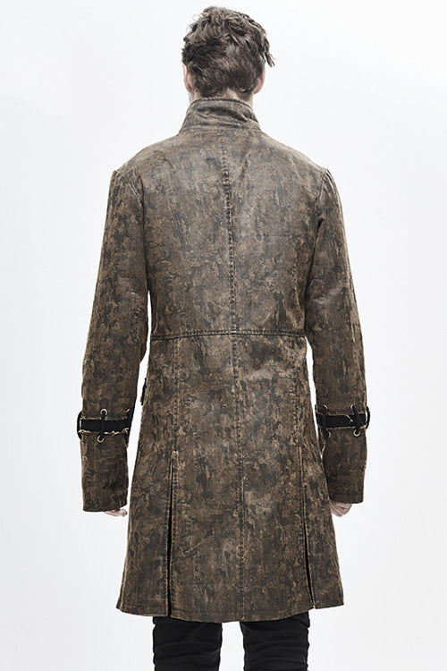 Cocoa Steampunk Patch Long Leather Overcoat for Men