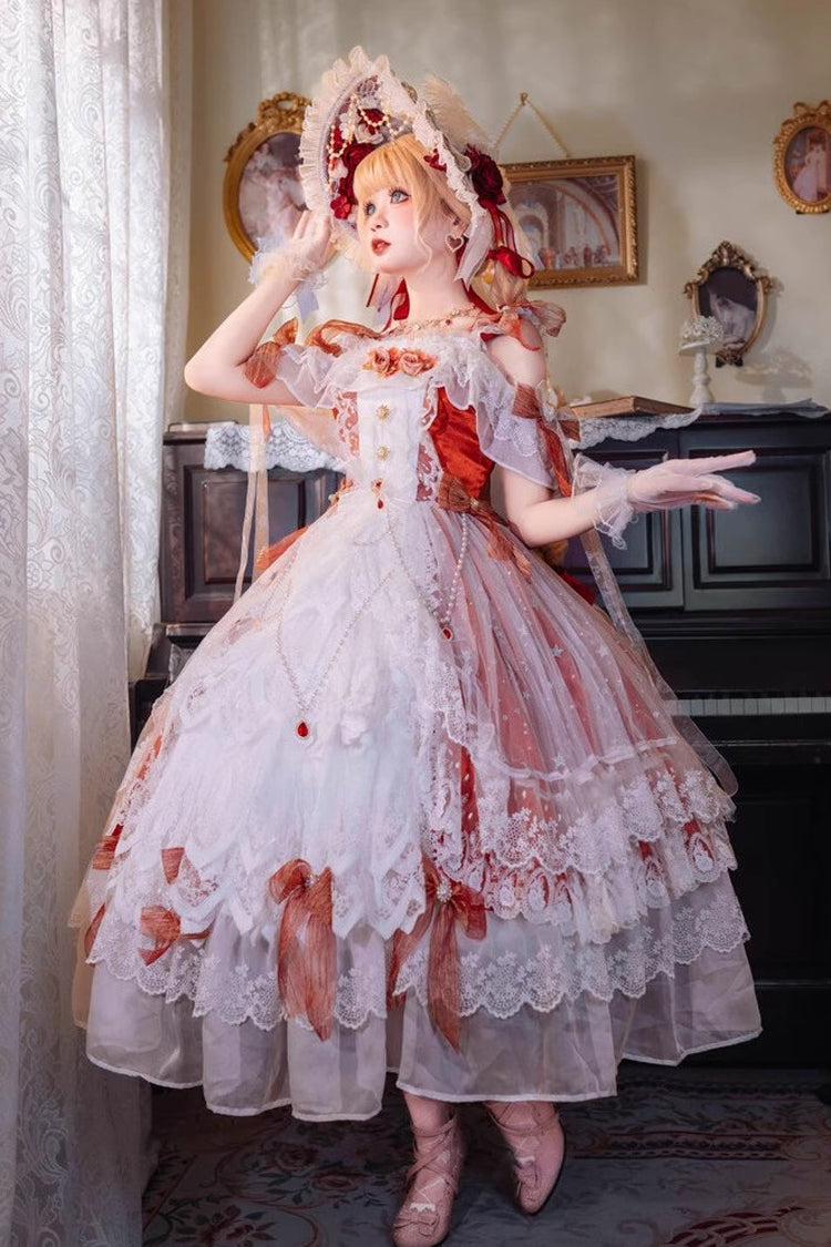 Glazed Phantom Off Shoulder Ruffle Hanayome Bow Lace Elegant Lolita Dress in Red