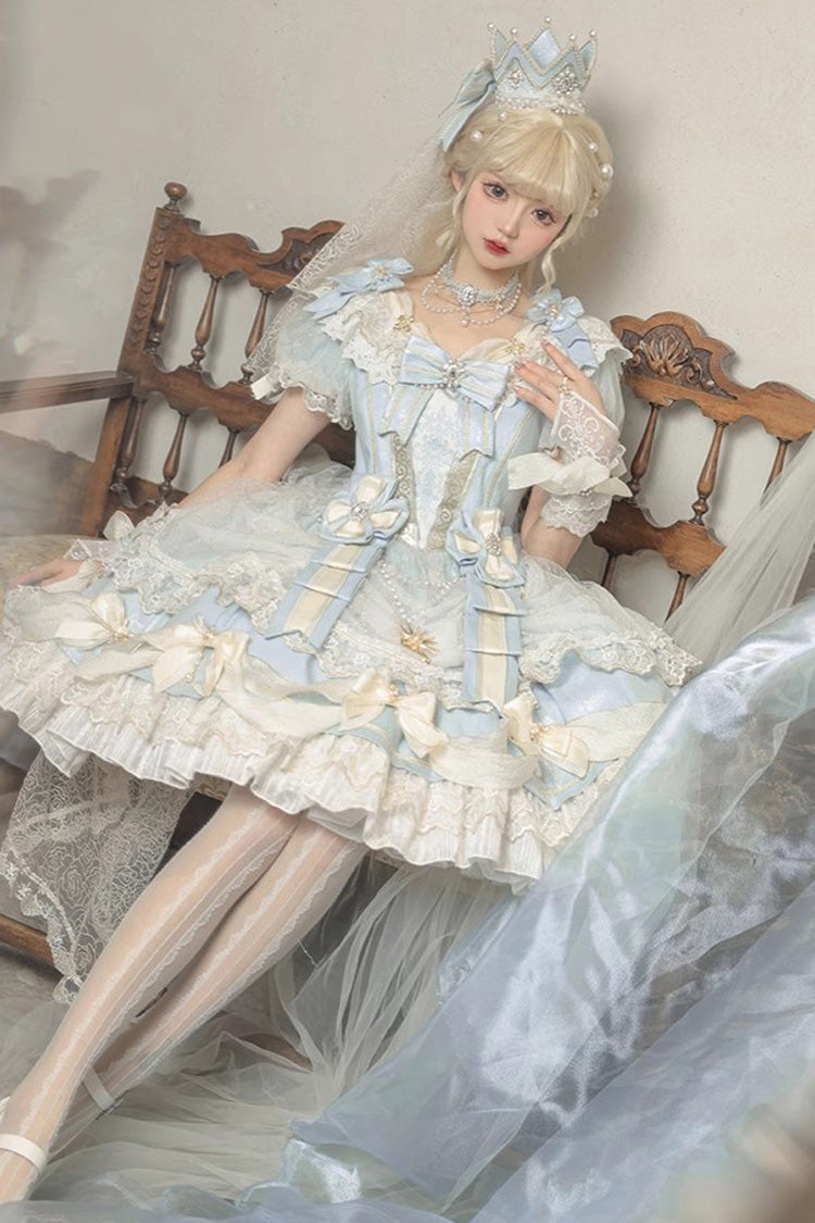 Light Blue Short Sleeve Layered Lace Sweet Dress - Girls' Day