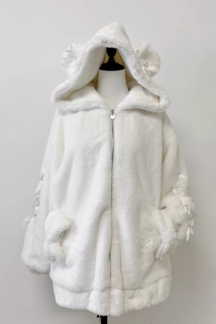 Sleepy Bear Fluffy Japanese Jirai Kei Coat with Bow and Lace-Up