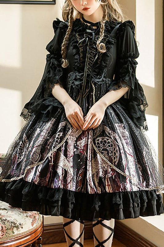 Black Gothic Lolita JSK Dress with Angel Wings Print and Mesh Ruffles - Altfashion Shop