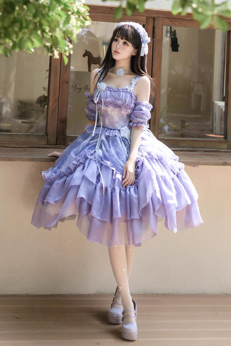 Goodnight Camellia Sleeveless Ombre Multi-Tiered Printed Ruffled Lace Fishbone Sweet Lolita Jumper Dress Three Colors