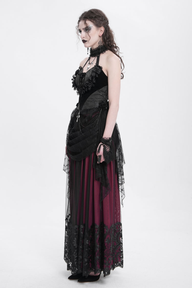 Elegant Black Rose Heart Lace Embroidered Sleeveless Halter Gothic Shirt
