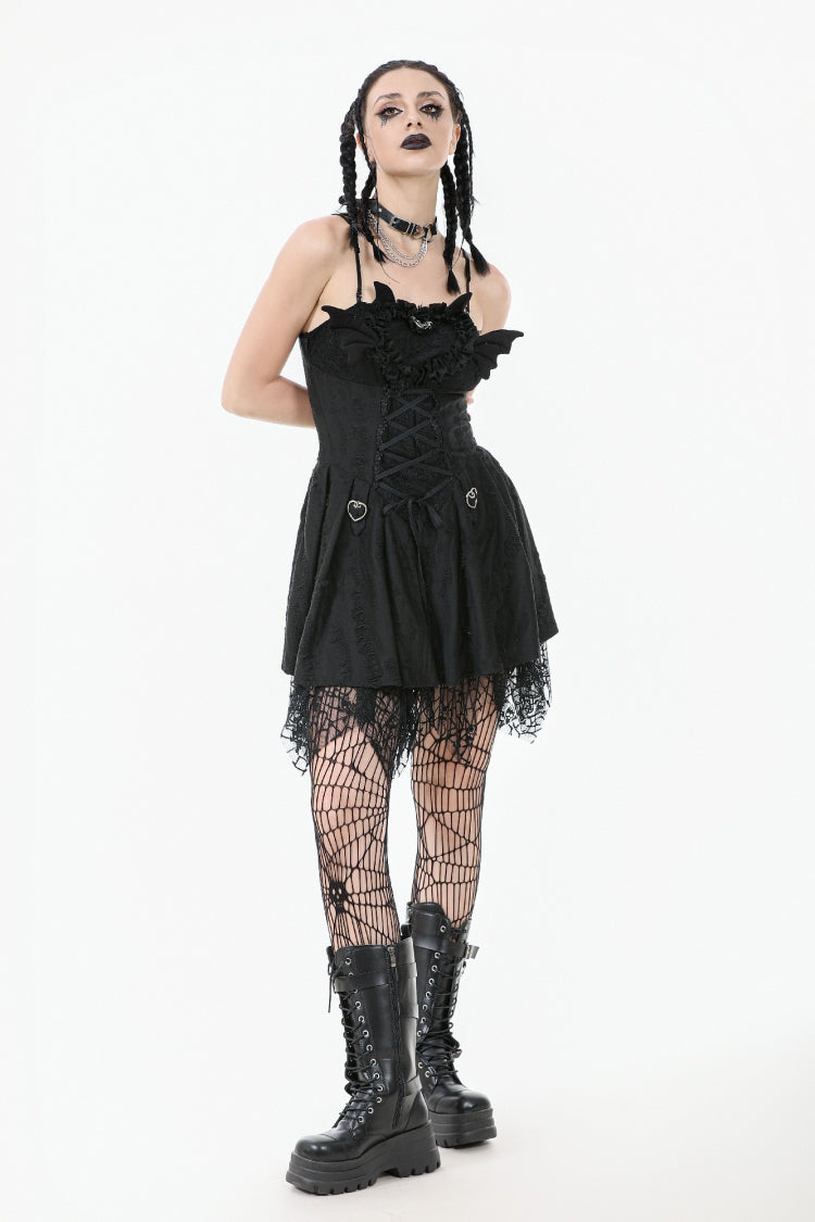 Sleeveless Lace Lace-Up Pleated Gothic Dark Demon Slip Dress