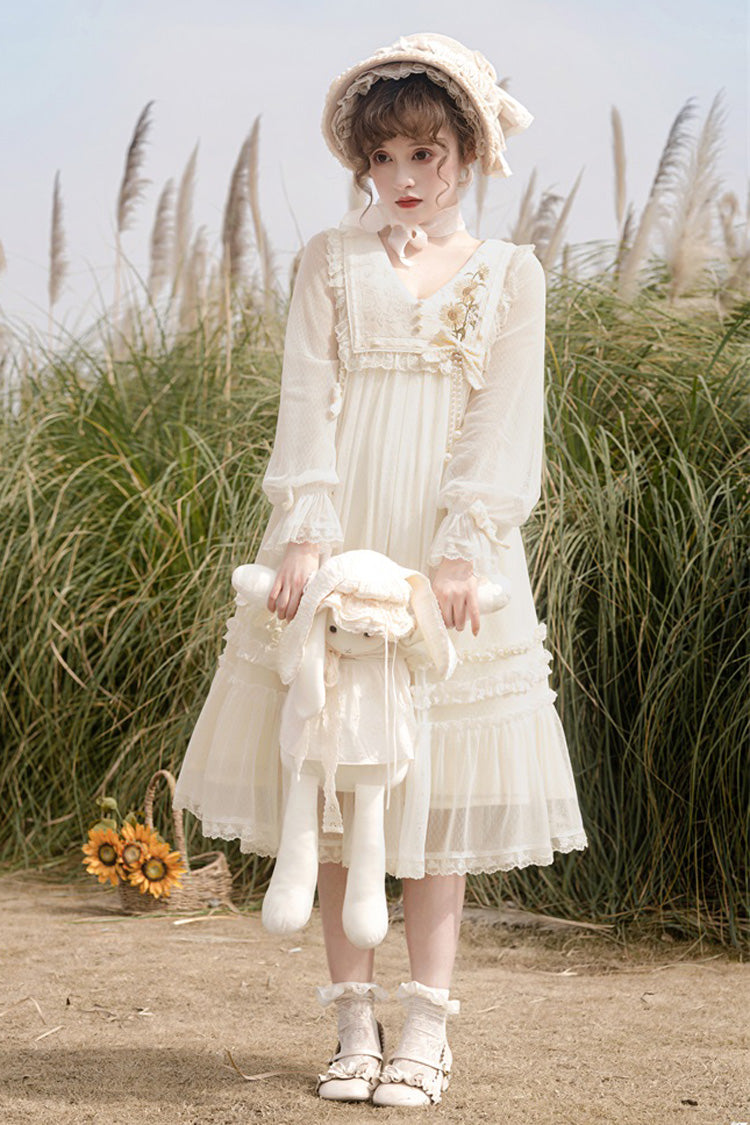 Ivory Sweet Princess Lolita Dress with Lace Embroidery Ruffled Bowknot - Sunflower Diary