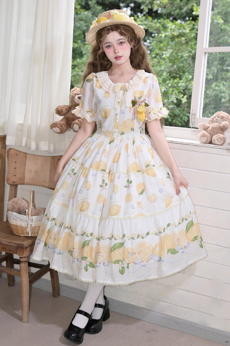 Ivory Casual Print Ruffle Bow Lace Sweet Dress