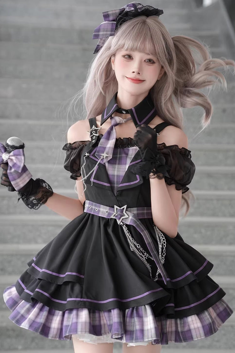 Dark Night Rose Violet Boat Neck Plaid Ruffled Chain-Decorated Gothic Lolita Dress - Dark Night Rose