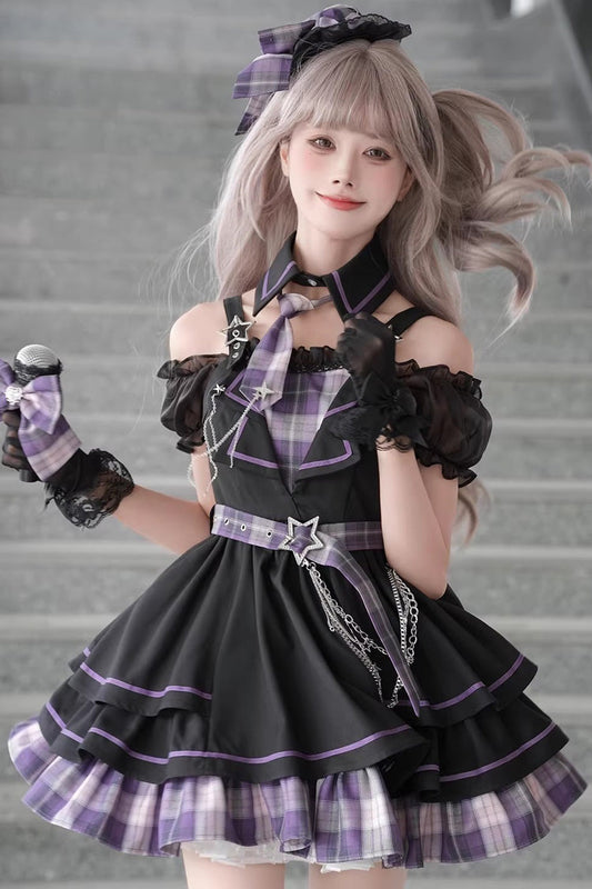 Dark Night Rose Violet Boat Neck Plaid Ruffled Chain-Decorated Gothic Lolita Dress - Dark Night Rose