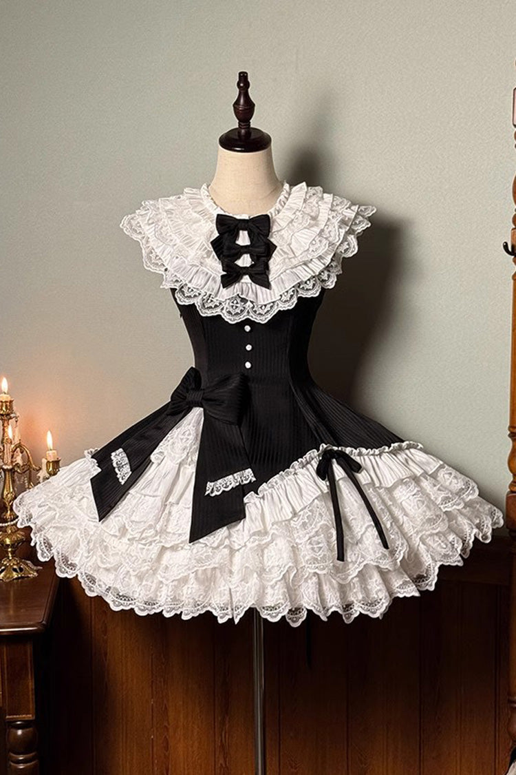 Black/White Asymmetric Lace Bow Sleeveless Multi-Layer Ruffle Sweet Lolita Dress - Miss Tsundere