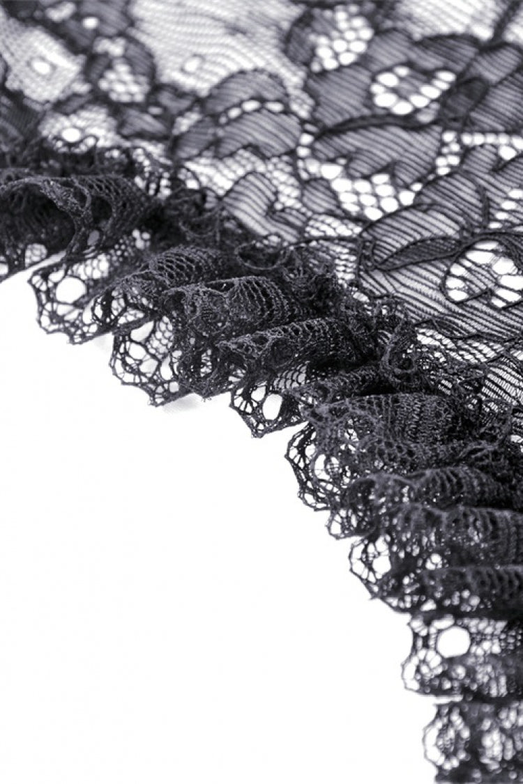 Jet-Black Gothic Cape with Flared Sleeves and Ruffled Lace