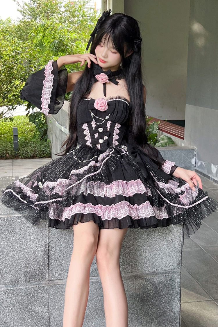 Black Pink Galaxy-Printed Tube Top Dress with Ruffles
