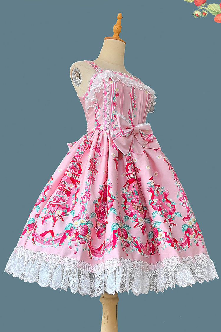 Sleeveless Bowknot Lace Sweet JSK with Print - Strawberry Chef