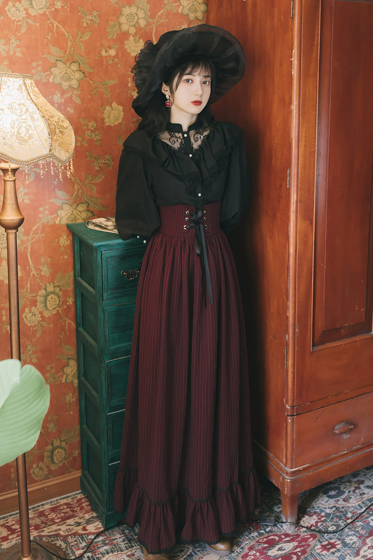 Black/Red High-Waisted Lace Skirt Set with Vintage Print