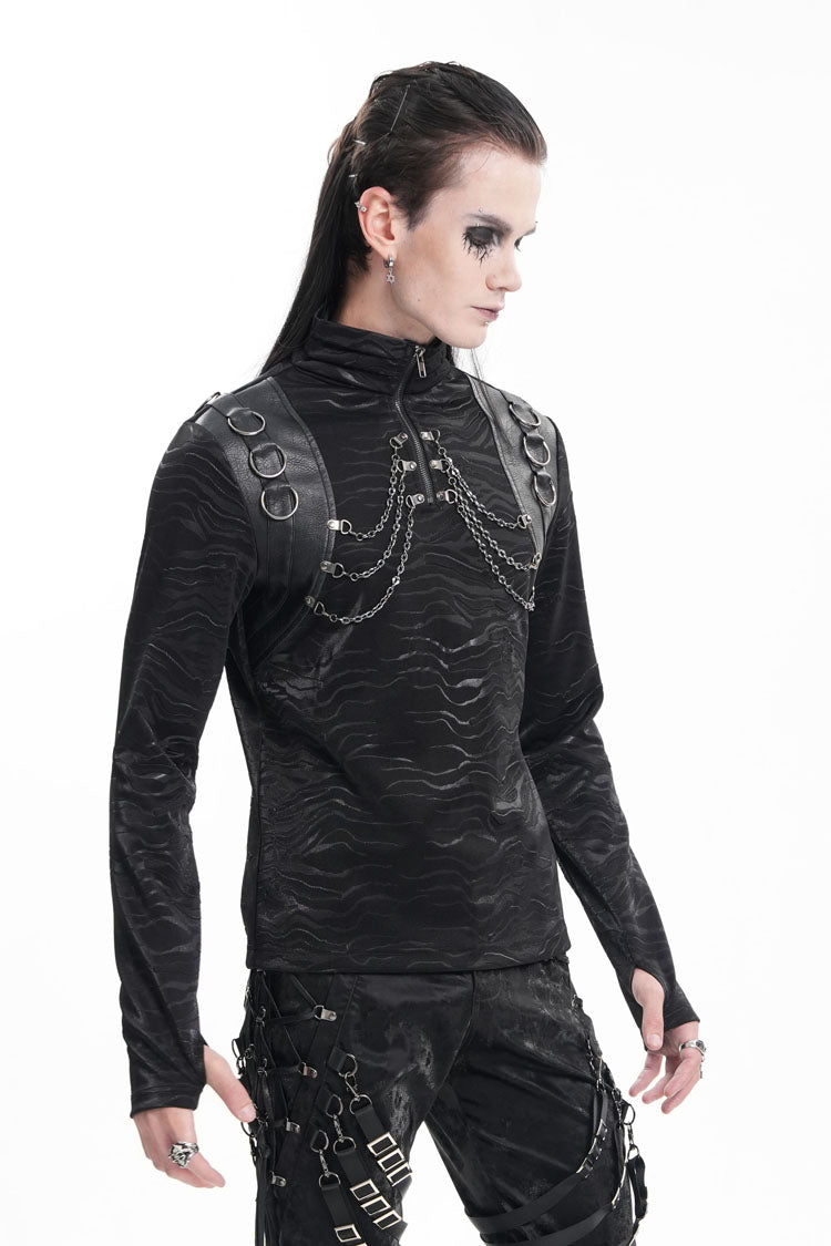 Stand Collar Long Sleeve Gothic Tee with Chain Rings for Men