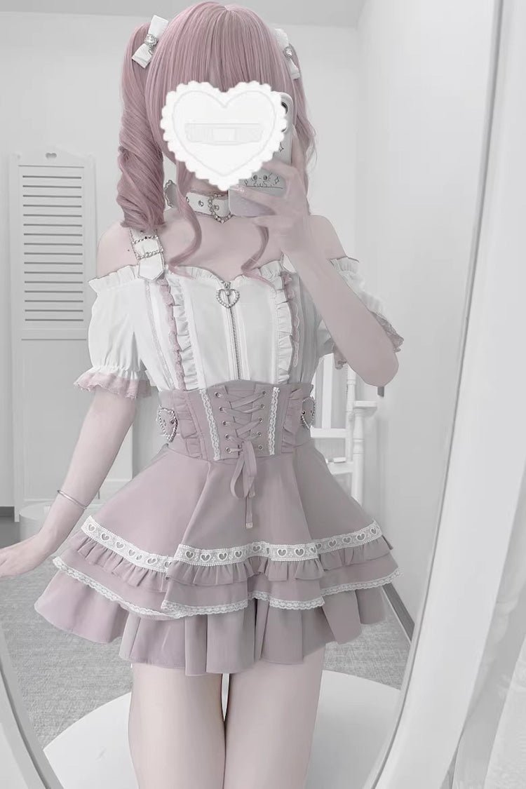 Stand Collar Sleeveless Ruffled Lace-Up Skirt and Blouse Set