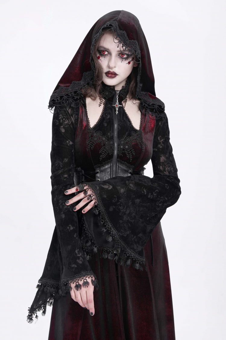 Scarlet Hollow Embroidery Hooded Ripped Gothic Coat