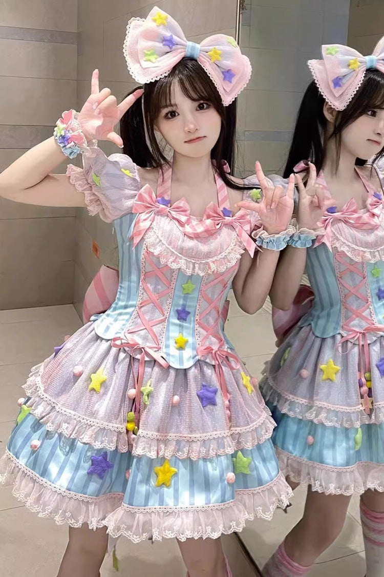 Pastel Multi Print Bowknot Star Motif Sweet Lolita Mini Dress