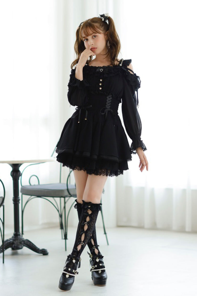 Black Floral Print Off-Shoulder Ruffle Lace-Up Skirt Set