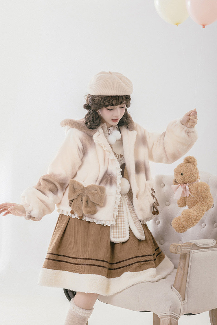 Cream Mocha Bear Print Hooded Bow Sweet Lolita Coat