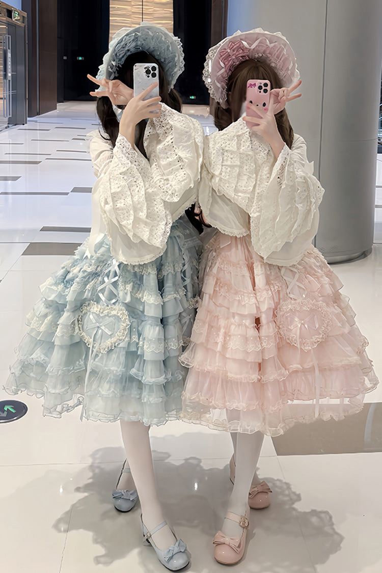 Blue Multi-Layered Ruffled Hanayome Embroidered Bow Lace Sweet JSK - Sweetheart Diary