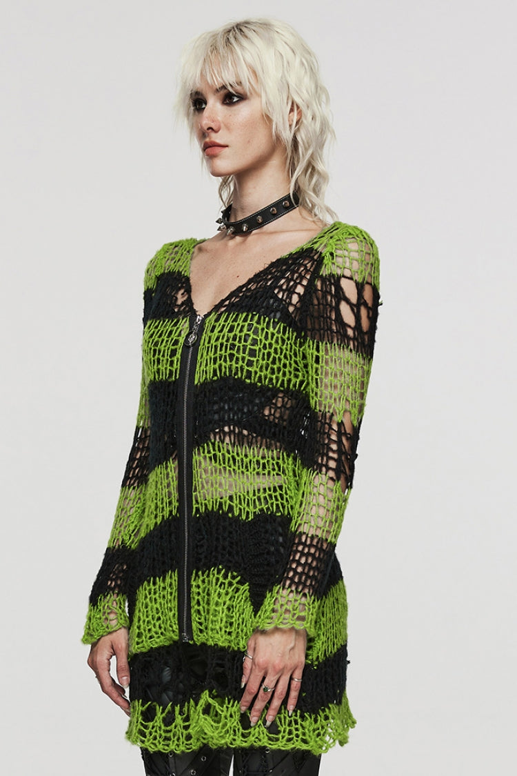 Irregular Ripped Striped Sweater with Zipper Accents