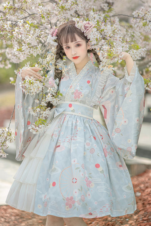 Cherry Blossom Print Trumpet Sleeve Ruffled Lace Sweet Lolita OP Dress