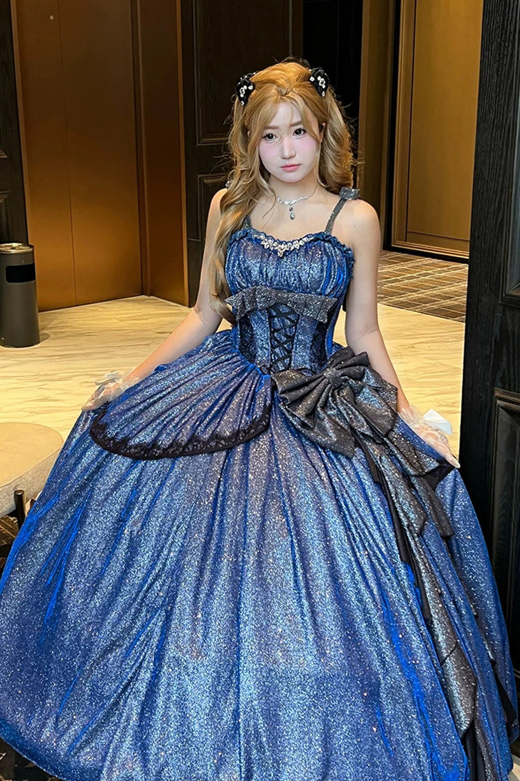 Sweet Lolita JSK Dress with Ruffled Bow and Asymmetric Cut - Blue