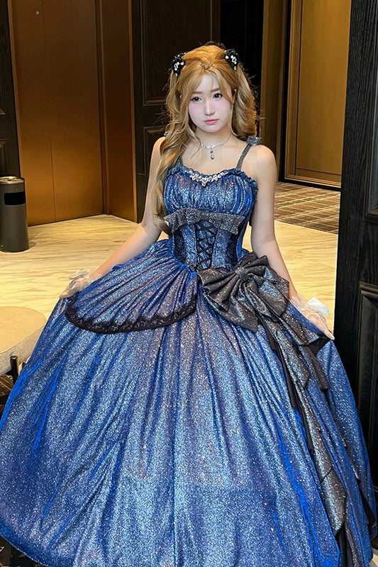 Sweet Lolita JSK Dress with Ruffled Bow and Asymmetric Cut - Blue