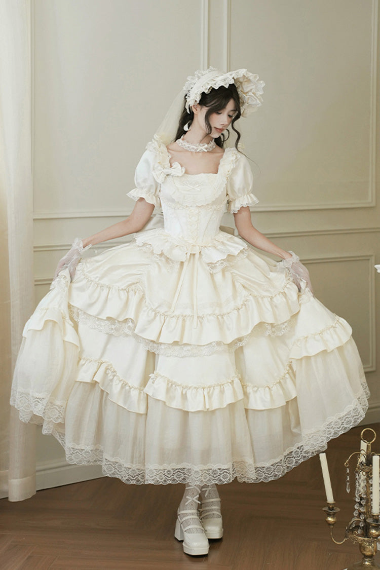 Ivory Square Neck Ruffle Bridal Bow Elegant Gown