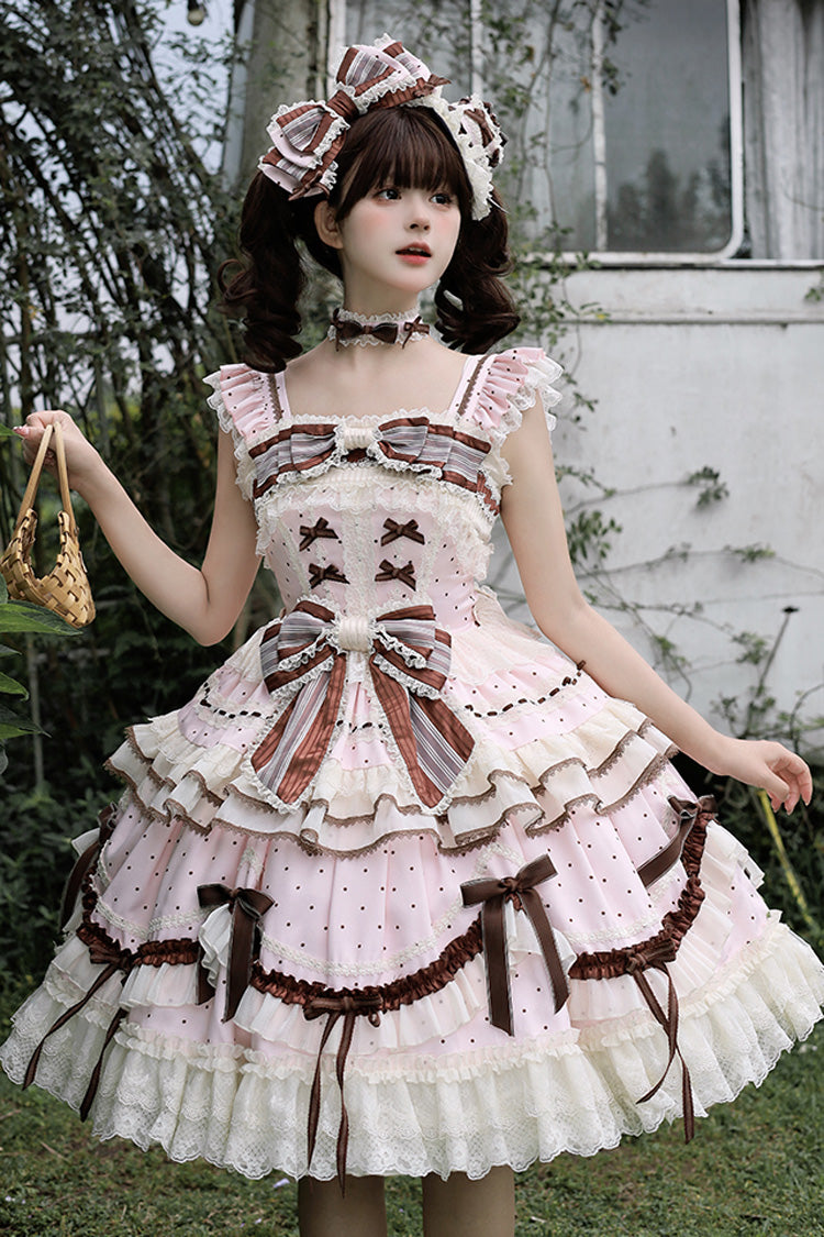 Sleeveless Print Ruffle Bow Lace-Up Sweet Elegant Lolita Jumper Dress - Pink